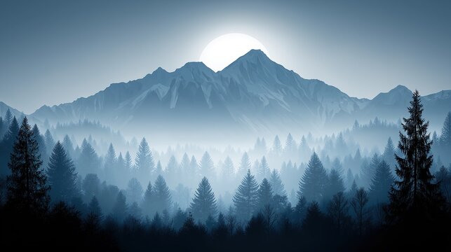 A beautiful forest with tall mountains in the background, foggy and misty with the sun rising behind the mountain - Powered by Adobe