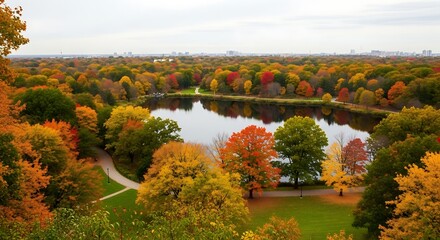 Fototapeta premium Vibrant Autumn Foliage Surrounding a Serene Lake in a Lush Park Landscape.