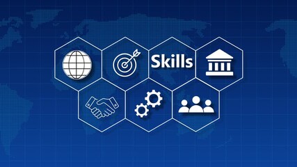 Skills development concept with icons on a digital world map background learning education - Powered by Adobe