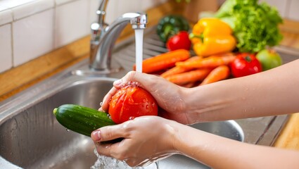 Close-up of Hands Washing Vegetables in Kitchen Sink with Fresh Produce Background