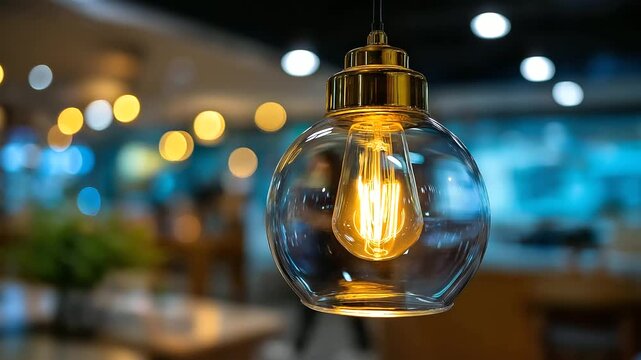 A modern designed glass sphere ceiling lighting lamp with glowing warm light bulb, interior decorative object, close-up and selective focus, with copy space