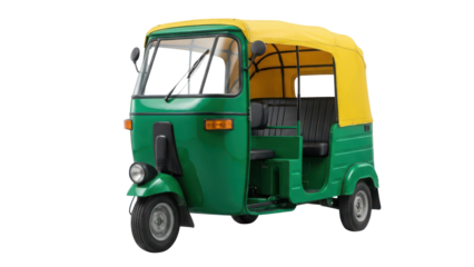 Classic Green and Yellow Three-Wheeler Auto Rickshaw isolated PNG with Transparent Background