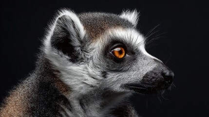 Obraz premium Close view of a lemur with bright eyes showing its features in a dark setting during a studio shoot