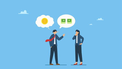 Businessman liar talk about big profit while think of small money in reality. Exaggeration lying about investment profit, income or financial scam, extreme politics story, trap or pitfall.