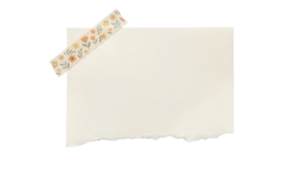Blank Torn Edge Paper Note with Floral Pattern Washi Tape isolated PNG with Transparent Background