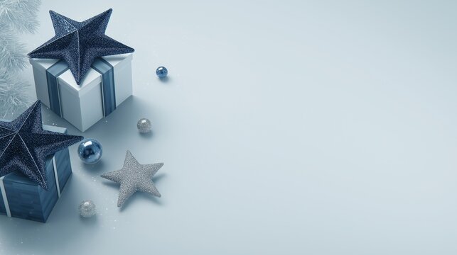 A minimalistic background with blue stars and silver gift boxes on the left side, creating an elegant Christmas concept for social media - Powered by Adobe