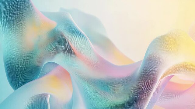 Iridescent flowing mesh fabric creating abstract colorful wave