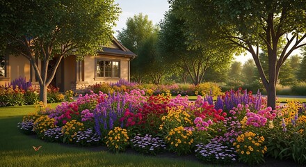 Obraz premium Vibrant Flower Garden Blooming Beside a Cozy Cottage.