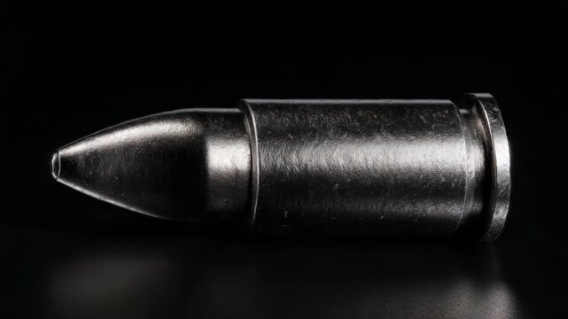Shiny metallic bullet shown in extreme close-up with high detail, dramatic lighting on black background. Concept of danger, weapon, ammunition
