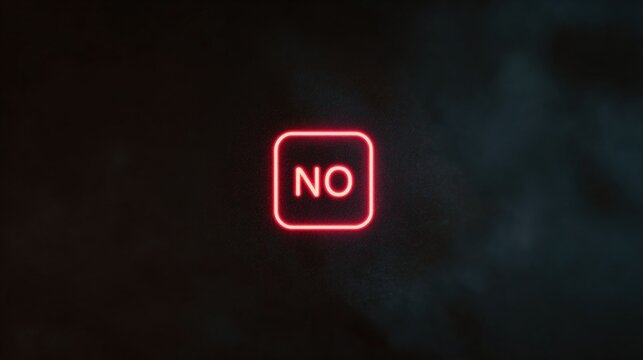 Square-shaped neon sign with the word "no" written in the center. the sign is lit up in a bright red color, making it stand out against the dark background.