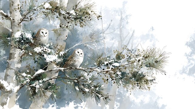 Snowy tree branch with two white owls perched amidst pine needles and snow