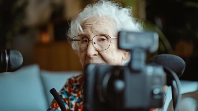 An elderly woman wearing glasses and a colourful blouse is broadcasting live, demonstrating the older generation's involvement in modern technology, which is ideal for the atmospheric backdrop of soci