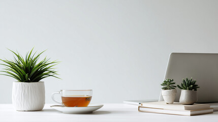Fototapeta premium Minimalist Desk Setup with Laptop, Herbal Tea, and Plant Symbolizing Mindful Work and Healthy Winter Work-Life Balance