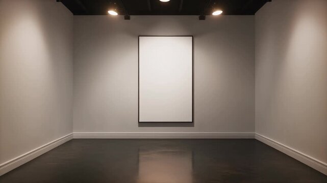 Blank framed canvas in modern art gallery, suitable for showcasing artwork, mockups, exhibitions, interior design concepts, creativity presentations.