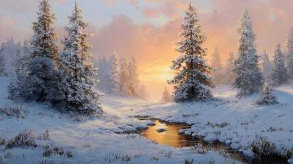 Snowy landscape with trees and stream at sunset near a forest in winter