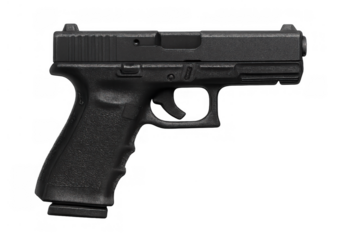 Black semi-automatic pistol with magazine, close-up studio shot on transparent background, tactical sidearm for defense or law enforcement
