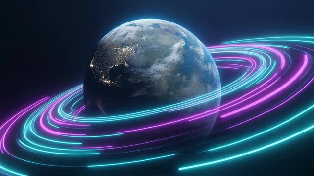 Earth surrounded by glowing pink and blue rings suitable for concepts like technology, digital connections, and unity.