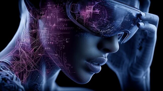 humanoid robot exploring a virtual world, futuristic android with vr headset in digital space, cybernetic figure immersed in virtual reality