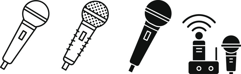 Microphone icon set featuring wireless audio devices, vocal recording tools, music performance equipment, sound technology elements, broadcasting and communication graphics