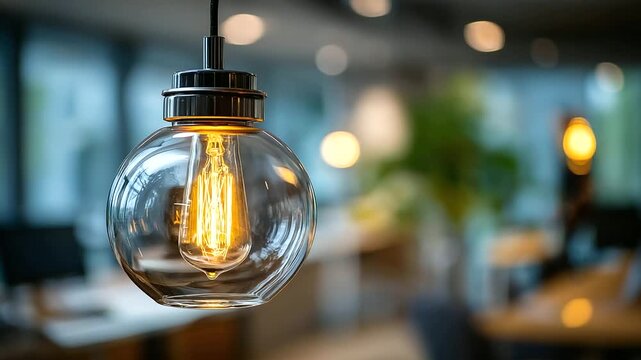 A modern designed glass sphere ceiling lighting lamp with glowing warm light bulb, interior decorative object, close-up and selective focus, with copy space