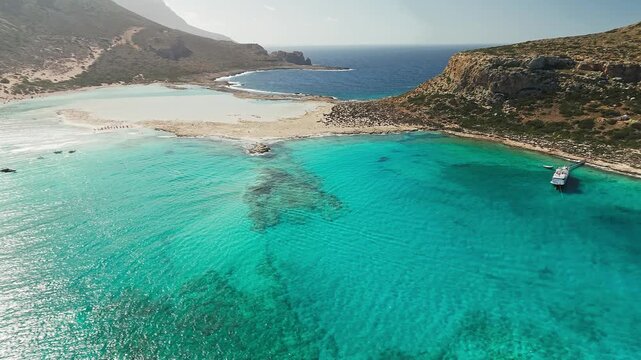 Amazing drone view of Balos Lagoon and white sandy beach, Crete, Greece