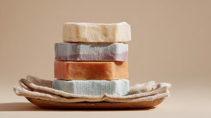 Stack of colorful soap bars on a plate with linen cloth in a simple setting in the afternoon light