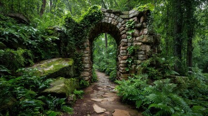 Old stone archway surrounded by lush greenery in a forest setting showing a pathway leading deeper into the woods