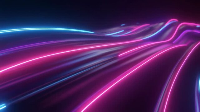 Neon pink and blue lines on a dynamic surface, great for backgrounds, futuristic designs, technology concepts, and energetic visuals.