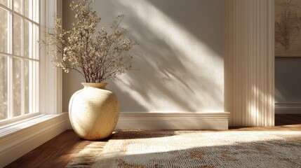 Sunlight shines through a window onto a vase of flowers in a room with a wooden floor and simple decor