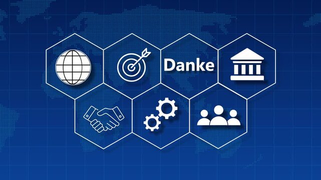 Business Concept Icons Connected in Hexagons on World Map Background with German Word Danke image photo