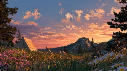 Camping in the mountains with tents set up among flowers under a colorful sunset sky