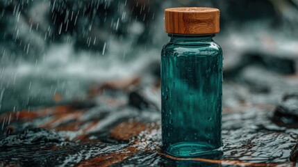 Clear water bottle stands on wet rocks with water flowing in the background during a rainy day