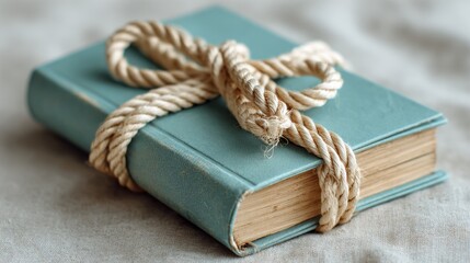 A book wrapped in rope placed on a textured surface in a simple setting during daylight hours