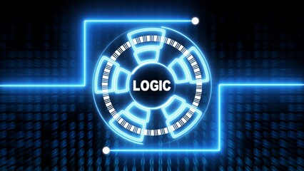 Blue neon logic circuit board with barcode and glowing lines on dark background