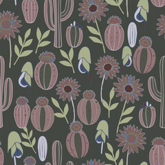 Stylized desert floral pattern featuring cactus, flowers, and leaves, ideal for textile design, wallpaper print, stationery, and apparel.
