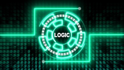 Neon green logic circuit board with barcode patterns and digital background