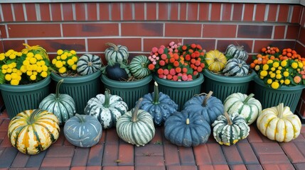 Vibrant autumn farmers market featuring pumpkins, gourds, and fresh seasonal produce