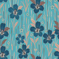 Vintage floral pattern with large blue flowers and tall reeds, perfect for textile design, wallpaper print, gift wrap, and home decor.