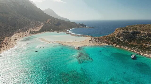 Amazing drone view of Balos Lagoon and white sandy beach, Crete, Greece