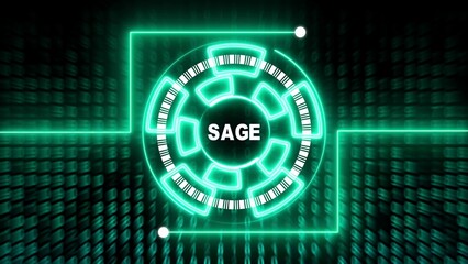 Neon green S A G E on a futuristic background with barcode patterns SAGE circular pattern