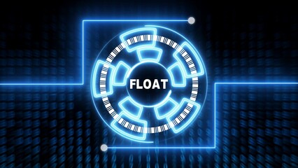 Neon blue maze with barcode patterns and F L O A T text on dark background FLOAT