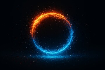 Glowing fiery and icy energy circle with vibrant particles in dark space background, symbolizing power contrast, duality, and elemental balance. Ai generative