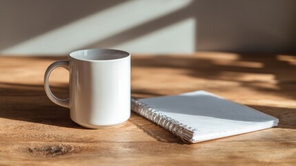 White cup sits next to a blank spiral notebook on a wooden table with shadows falling in a well-lit room during the morning