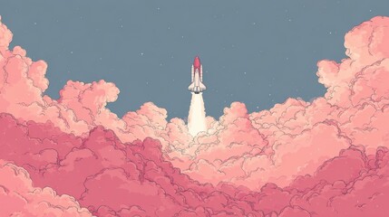 Rocket lifts off through clouds at dusk, illuminating the sky with its exhaust trail as stars begin to appear above