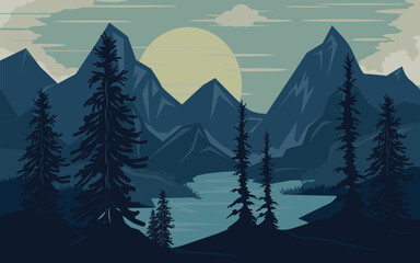 Mountains and sun, natural landscape with hills and pine trees