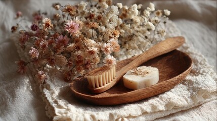 Wooden toothbrush and natural soap on a plate with dried flowers in a soft fabric setting