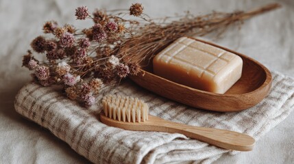 Items for personal care on a cloth surface with dried flowers, a soap bar, and a wooden toothbrush during daytime
