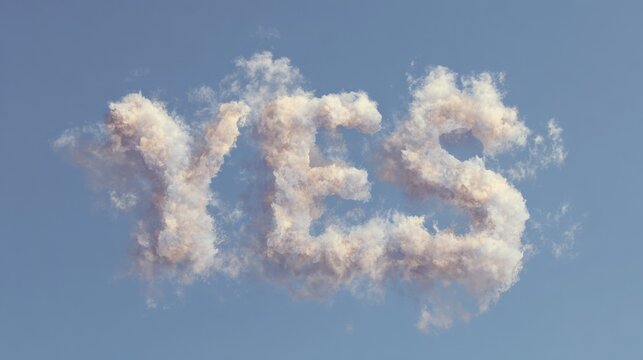 Photograph of the word "yes" written in a cloud-like shape. the cloud is made up of multiple layers of white, fluffy clouds that are arranged in a way that they form the shape of the letters "yes". - Powered by Adobe