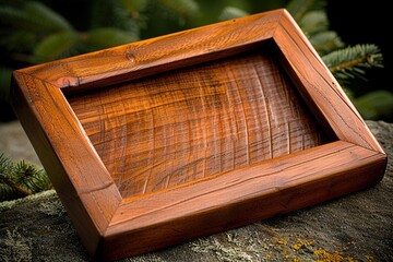 Wooden picture frame with natural finish on rock outdoors