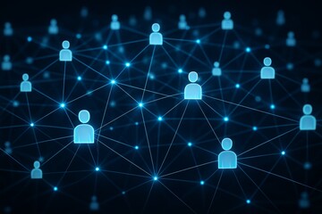 Glowing human icons connected by digital lines forming a global network on a dark background, symbolizing communication and technology connections. Ai generative